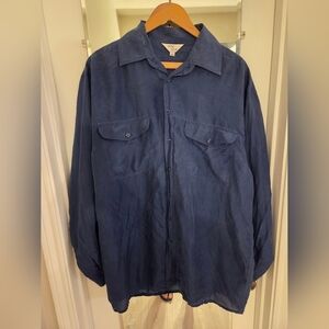 Y2K Pure SILK mens Vintage Shirt Button LONG Sleeve Navy Blue Medium M